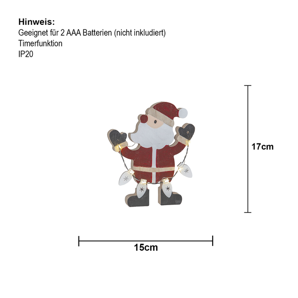 Dekofigur Weihnachtsmann aus Holz mit Beleuchtung, 17 cm hoch und 15 cm breit