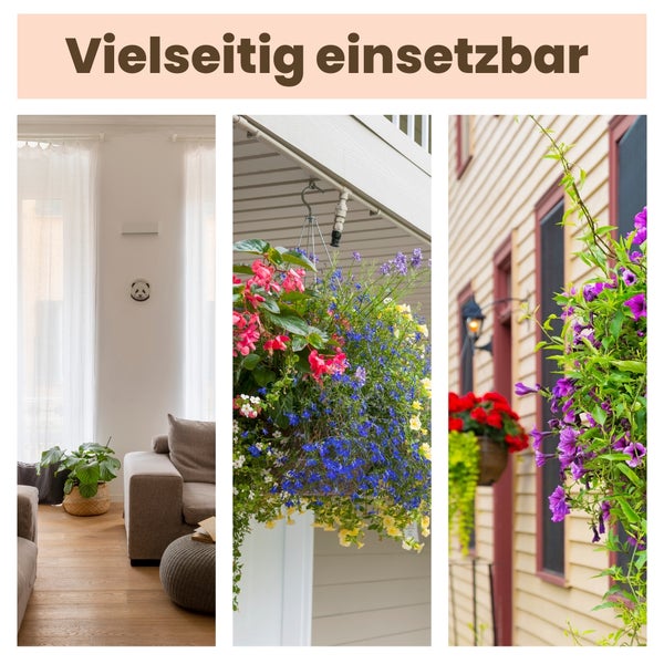 Collage zur vielseitigen Verwendung eines Smart Home Geräts in einem hellen Wohnzimmer, im Außenbereich über Pflanzen und an einer Hauswand.
