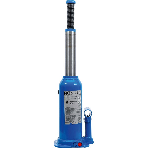Blauer hydraulischer Flaschenwagenheber BGS technic, Tragkraft 8 Tonnen, aus Metall.