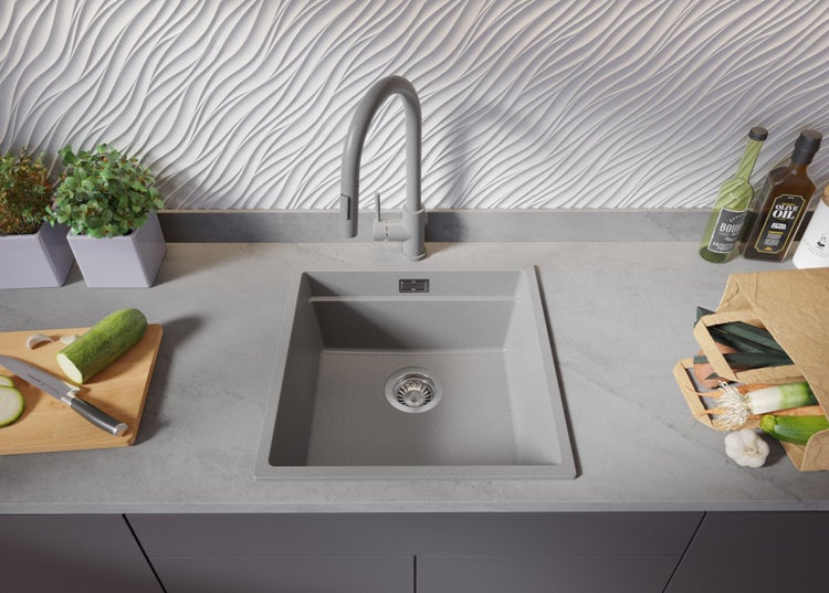 PRIMAGRAN Spülbecken Grau 46x47cm, Granitspüle 1 Becken + Ablauf-Set + Aufrollbare Abtropffläche, Küchenspüle ab 50er Unterschrank - Praga Slim