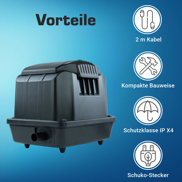 Schwarze Belüfterpumpe mit 2 Meter Kabel, kompakte Bauweise, Schutzklasse IP X4 und Schuko-Stecker.