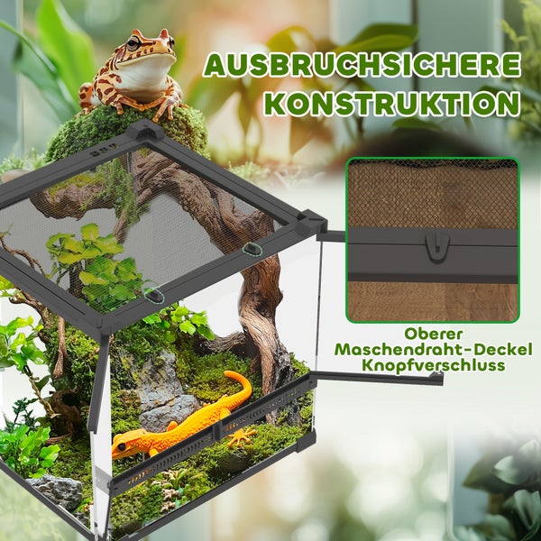 Terrarium mit ausbruchsicherer Konstruktion, Maschendraht-Deckel und Knopfverschluss