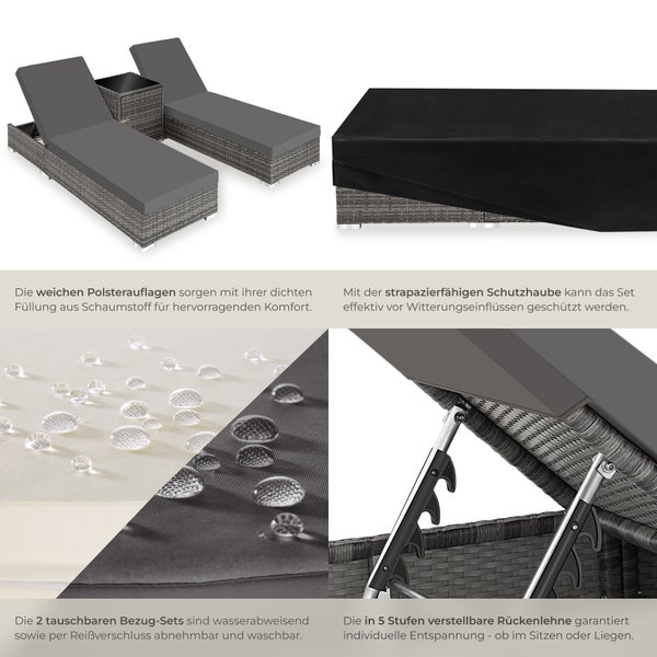 2er Set Rattan Sonnenliegen tectake  wetterfest und UV-beständig mit Aluminiumgestell grau