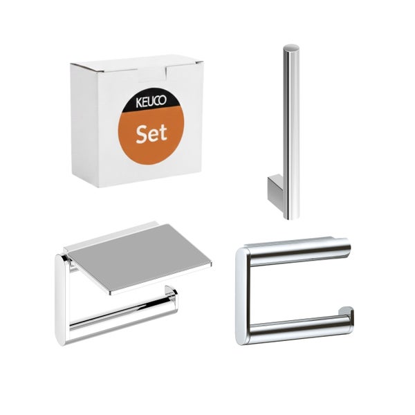 Keuco Badezimmer Set bestehend aus Toilettenpapierhalter mit Ablage, Ersatzrollenhalter und Toilettenpapierhalter aus Metall.