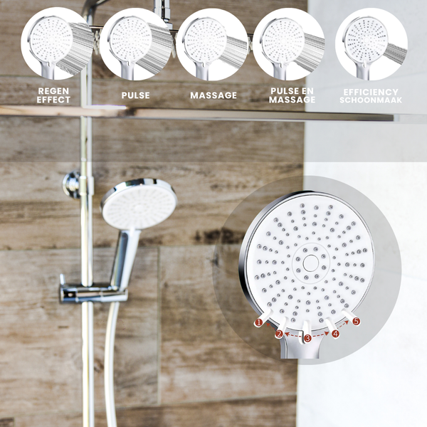 Duschkopf mit fünf Strahlarten und einstellbarem Modus für Regen, Puls, Massage sowie kombinierte Funktionen und Reinigungsmodus.