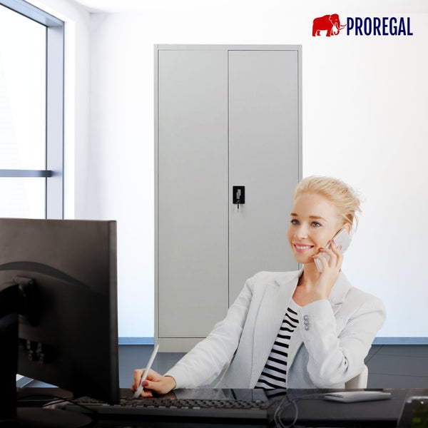 Helles Büro mit einer Frau am Schreibtisch, einem hohen grauen Proregal Metallschrank mit zwei Türen und Schloss sowie dem Proregal Logo.
