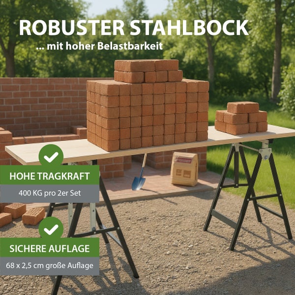 Höhenverstellbarer Arbeitsbock aus verzinktem Stahl von Trutzholm mit sieben Stufen von 80 bis 130 Zentimeter und 200 Kilogramm Tragkraft.