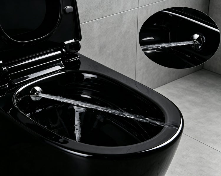 Schwarze Wandtoilette mit integrierter Bidet-Funktion, Deckel und seitlichem Bedienhebel.