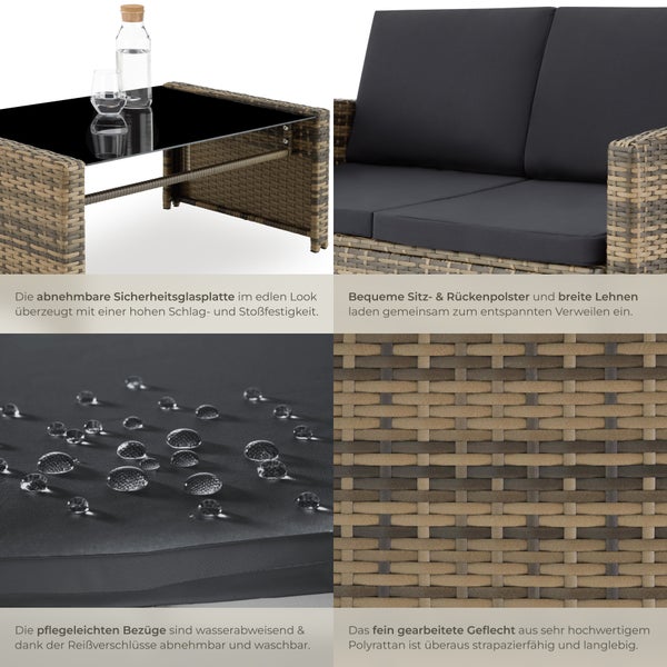 Rattan Lounge tectake Jesolo mit Sicherheitsglasplatte für 4 Personen natur/dunkelgrau