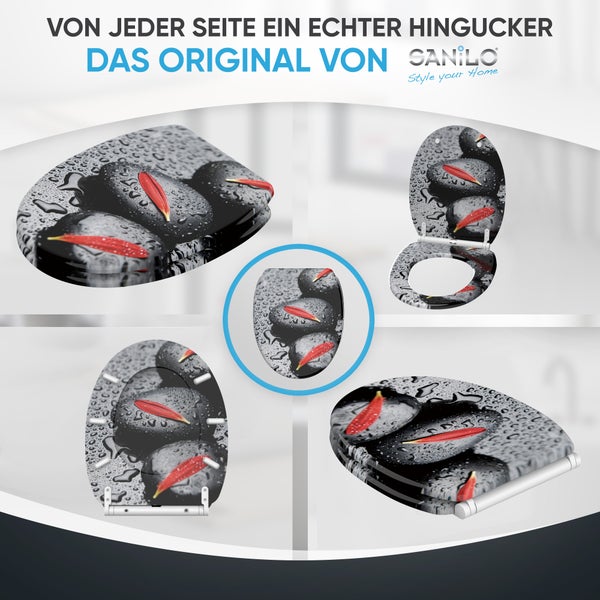 SANILO WC-Sitz mit Motiv aus Steinen und roten Blütenblättern in verschiedenen Ansichten und Sanilo Logo.
