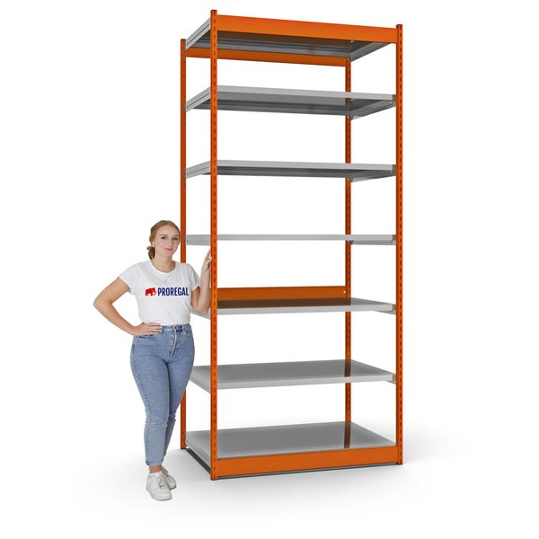 PROREGAL Fachbodenregal Stecksystem Vierkant-Profil Grundregal HxBxT 300 x 132,5 x 80 cm 7 Ebenen Einseitige Bauart Fachlast 200 kg Orange