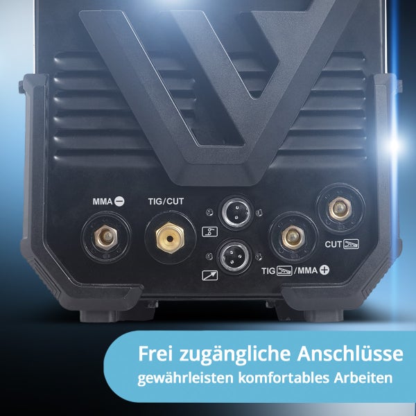 Frontansicht eines Schweißgeräts mit gut zugänglichen Anschlüssen für Elektrodenhandschweißen, Wolfram-Inertgasschweißen und Plasmaschneiden.