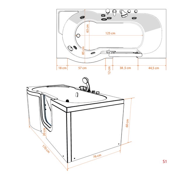 Skizze einer Badewanne mit Tür und Maßangaben