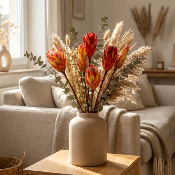 Trockenblumenstrauß mit Proteen und Eukalyptus in einer beigen Keramikvase auf einem Holztisch in einem hellen Wohnzimmer.