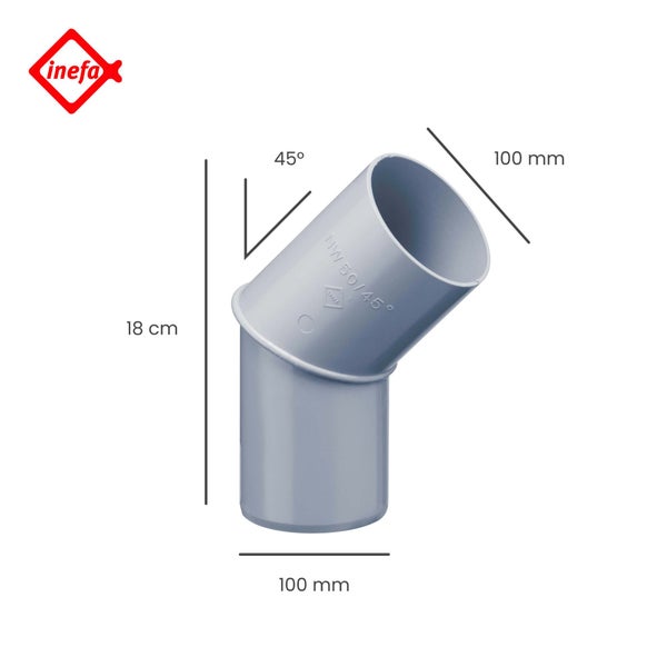 Inefa Logo. Kunststoff Bogen für Regenfallrohr mit 45 Grad Winkel. Durchmesser 100 Millimeter, Höhe 18 Zentimeter.