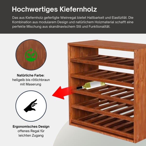 Modulares Weinregal aus Kiefernholz mit fünf Ablagen zur Flaschenlagerung und ergonomischem offenem Design für leichten Zugang.