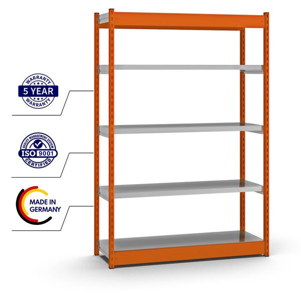 PROREGAL Fachbodenregal Stecksystem Vierkant-Profil Grundregal HxBxT 200 x 132,5 x 40 cm 5 Ebenen Einseitige Bauart Fachlast 200 kg Orange