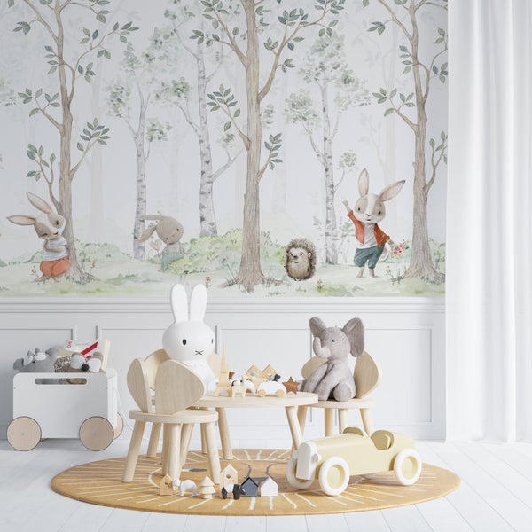 Kindertapete Birken­wald Aquarell mit Hasen 600 x 280 cm