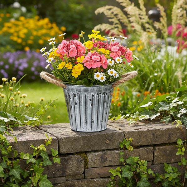 Dekorativer Zinkeimer mit Strickgriffen, bepflanzt mit bunten Sommerblumen wie Geranien und Gänseblümchen, stehend auf einer Steinmauer im Garten.