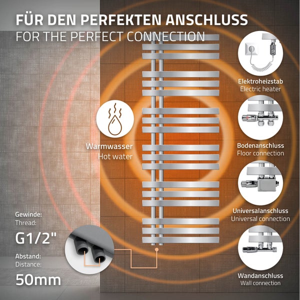 ECD Germany Iron EM Design Badheizkörper Elektrisch mit Heizstab 900 W - 500 x 1400 mm - Chrom - Designheizkörper Paneelheizkörper Heizkörper Handtuchwärmer Handtuchtrockner