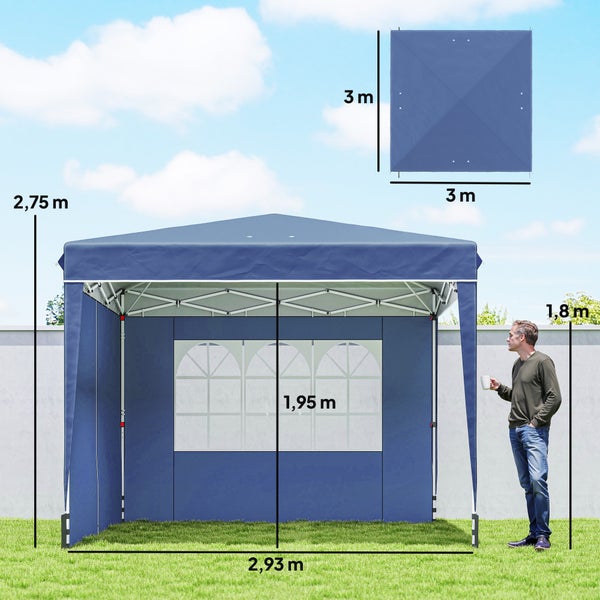 Blauer Faltpavillon mit Seitenwand und Fenster inklusive Maßen: Höhe 2,75 Meter, Breite 2,93 Meter und Dachfläche 3 mal 3 Meter.