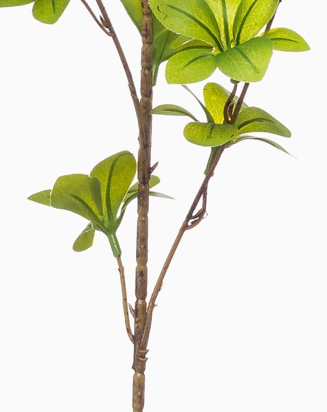 Künstlicher Pflanzenzweig mit grünen Blättern und detailgetreuem braunem Stiel für die Innendekoration.