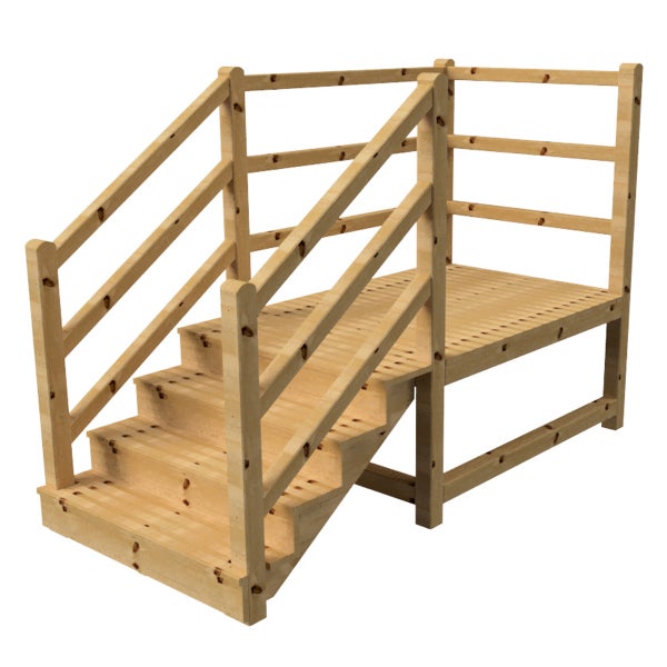 Holztreppe mit Geländer und Plattform