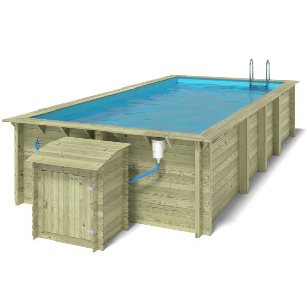 Rechteckiger Holzpool mit Leiter und Geräteschrank