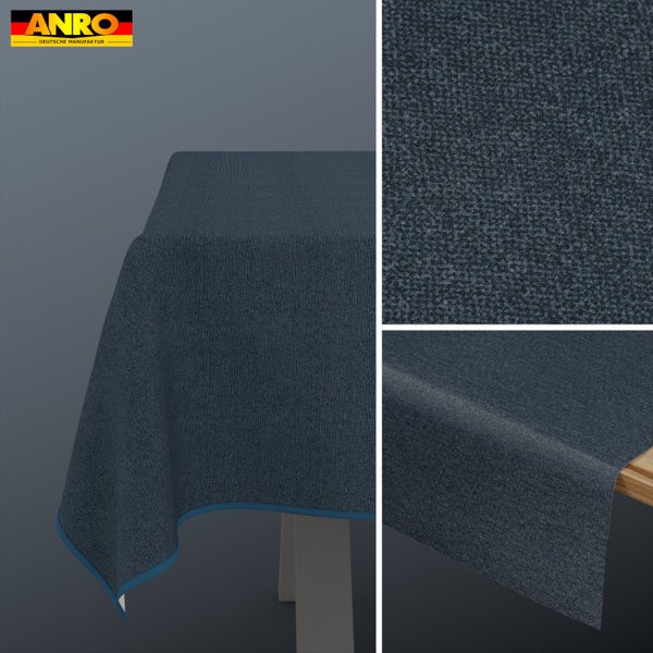 Blaue ANRO Deutsche Manufaktur Tischdecke mit Gewebestruktur auf einem Tisch und in Detailansichten der Oberfläche. ANRO Deutsche Manufaktur Logo.