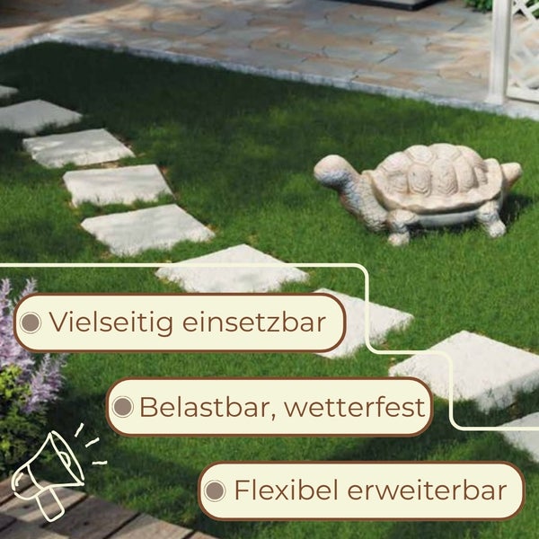 Gartenweg aus quadratischen Trittsteinen auf Rasen mit Steinschildkröte. Text: vielseitig einsetzbar, belastbar, wetterfest, flexibel erweiterbar.