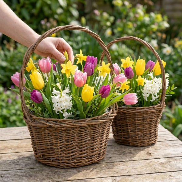 Zwei geflochtene Weidenkörbe mit frühlingshaften Blumenarrangements aus Tulpen, Narzissen und Hyazinthen auf einem Holztisch.
