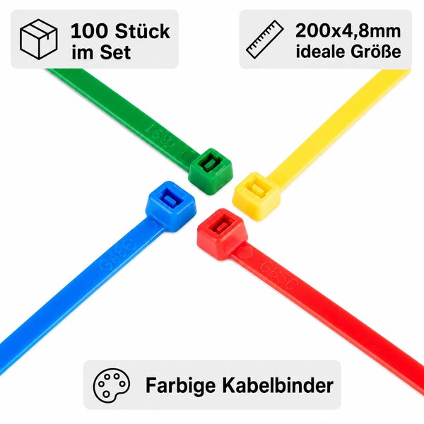 Set mit 100 farbigen Kabelbindern in der Größe 200 mal 4,8 Millimeter für vielseitige Anwendungen.