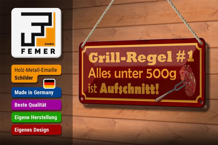 Blechschild Spruch 27x10cm Grill Regel alles unter 500g ist Dekoration