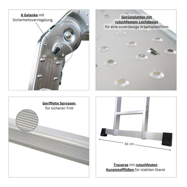 Mehrzweckleiter-Details: Sicherheitsgelenke, rutschfeste Gerüstplattform, geriffelte Sprossen und Traverse mit Kunststofffüßen.