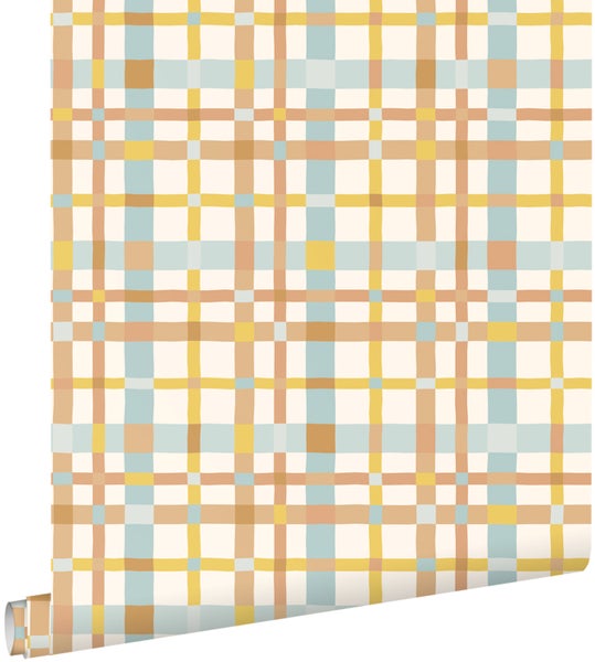 Vliestapete mit Karomuster in Gelb, Blau und Beige, matte Oberfläche, für Wohnräume und Kinderzimmer.