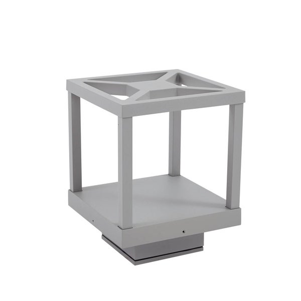 Moderne graue Sockelleuchte in Würfelform aus Metall für den Außenbereich.