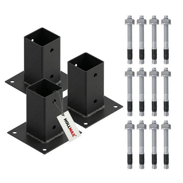 Set aus drei quadratischen Pfostenträgern aus Metall und zwölf Metall-Ankerbolzen, inklusive HOLLMAX Logo.