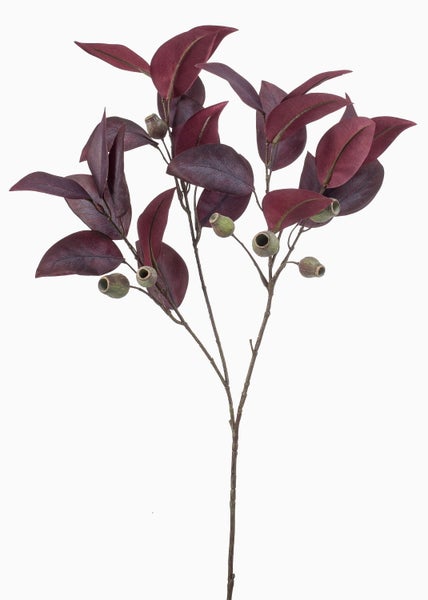 Künstlicher Eukalyptuszweig mit braunem Stiel, dunklen Blättern und kleinen runden Früchten für die Dekoration.