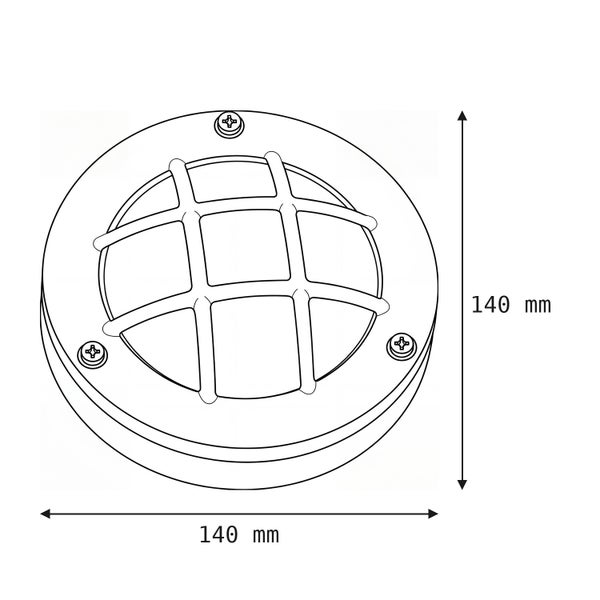 Technische Zeichnung einer runden Außenwandleuchte mit Schutzgitter und einem Durchmesser von 140 Millimeter.