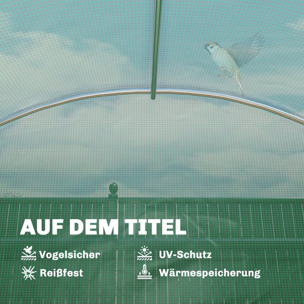 Netz für Pflanzen mit Symbolen für Vogelschutz, UV-Schutz, Reißfestigkeit und Wärmespeicherung.