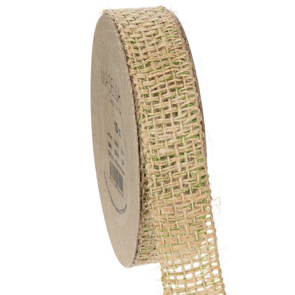 Dekoband aus Jute in Natur und Grün, Breite 25 Millimeter, Länge 10 Meter.