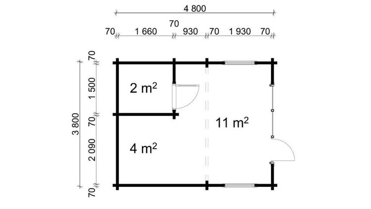 Grundriss Gartenhaus mit Maßen 4800 mal 3800 Millimeter, Wandstärke 70 Millimeter, drei Räume mit 2, 4 und 11 Quadratmeter Fläche.