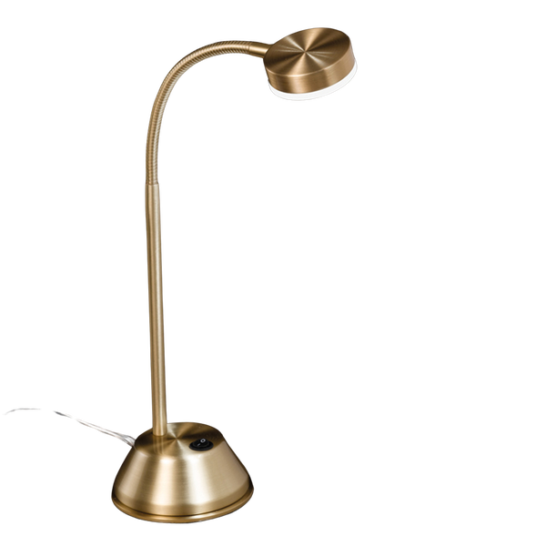 Goldfarbene LED-Tischleuchte mit flexiblem Hals für zielgerichtete Beleuchtung.