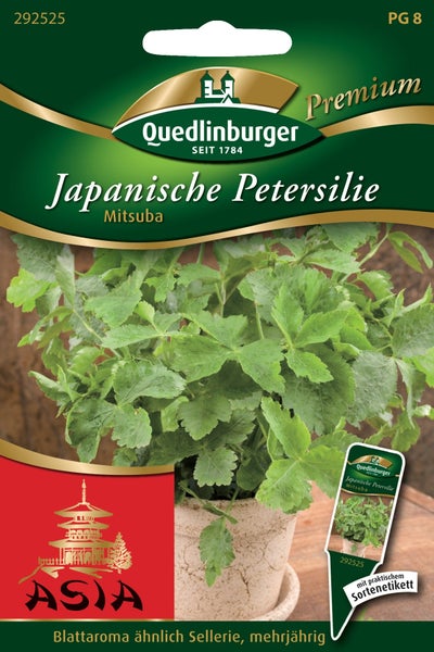 Samenpackung für Japanische Petersilie Mitsuba von Quedlinburger mit Abbildung einer Pflanze im Topf und Quedlinburger Logo.