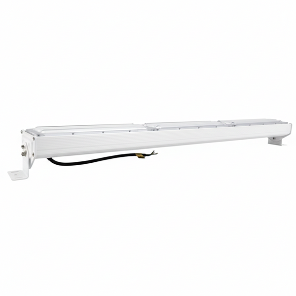 Weiße LED-Wandfluter-Leuchte aus Metall mit Montagebügeln und Anschlusskabel.