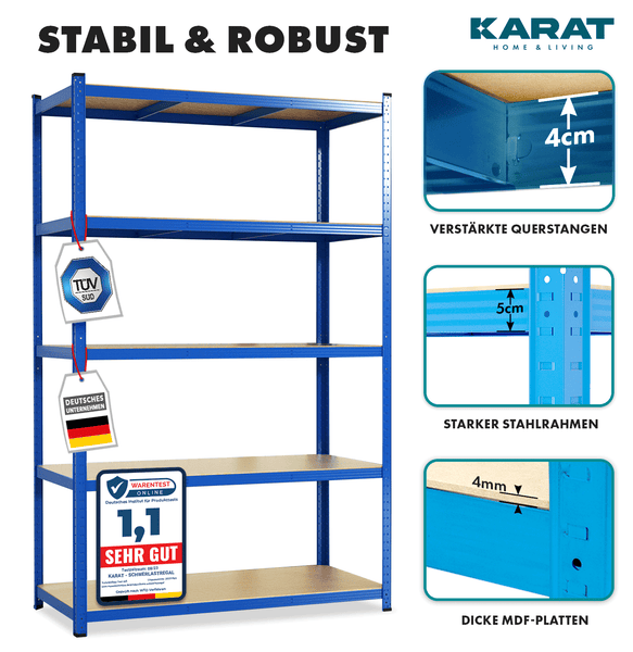 FLOORDIREKT Schwerlastregal - Universal einsetzbar - Blau - 180 x 120 x 60 cm - Traglast 875 kg