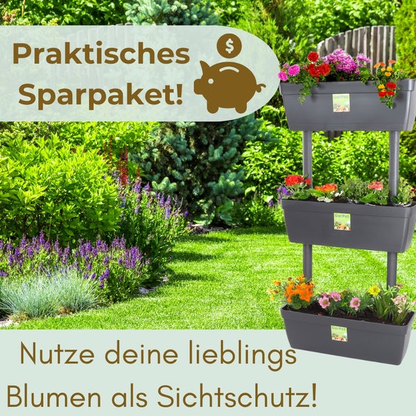 Dreistöckiger Blumenkasten mit bunten Blumen im Garten.