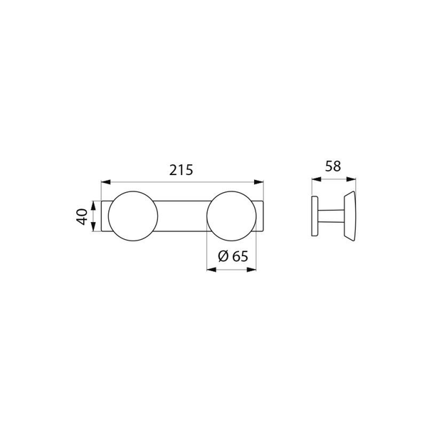 Technische Zeichnung eines Griffs mit Maßangaben. Gesamtlänge 215 Millimeter, Durchmesser 65 Millimeter, Breite 40 Millimeter und Tiefe 58 Millimeter.