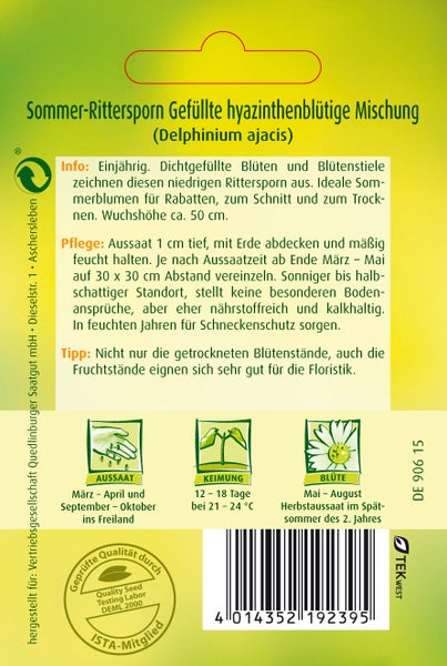 Rückseite der Saatgutpackung Sommer-Rittersporn mit Infos zu Aussaat, Pflege, Wuchshöhe circa 50 Zentimeter, Blütezeit und ISTA-Qualitätssiegel.