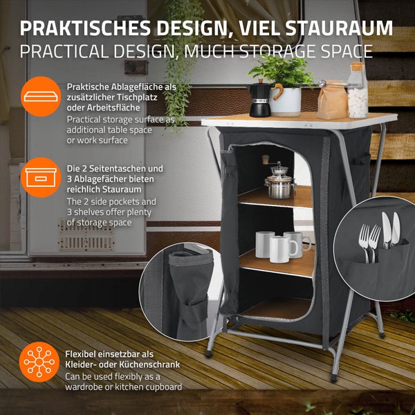 ECD Germany Campingschrank faltbar Holzoptik-Schwarz, 60x97,5x53cm, Campingküche mit Aluminiumgestell, Küchenbox tragbar mit Arbeitsplatte, 3 Ablagen, Tragetasche, Outdoorschrank Faltschrank aus Stoff